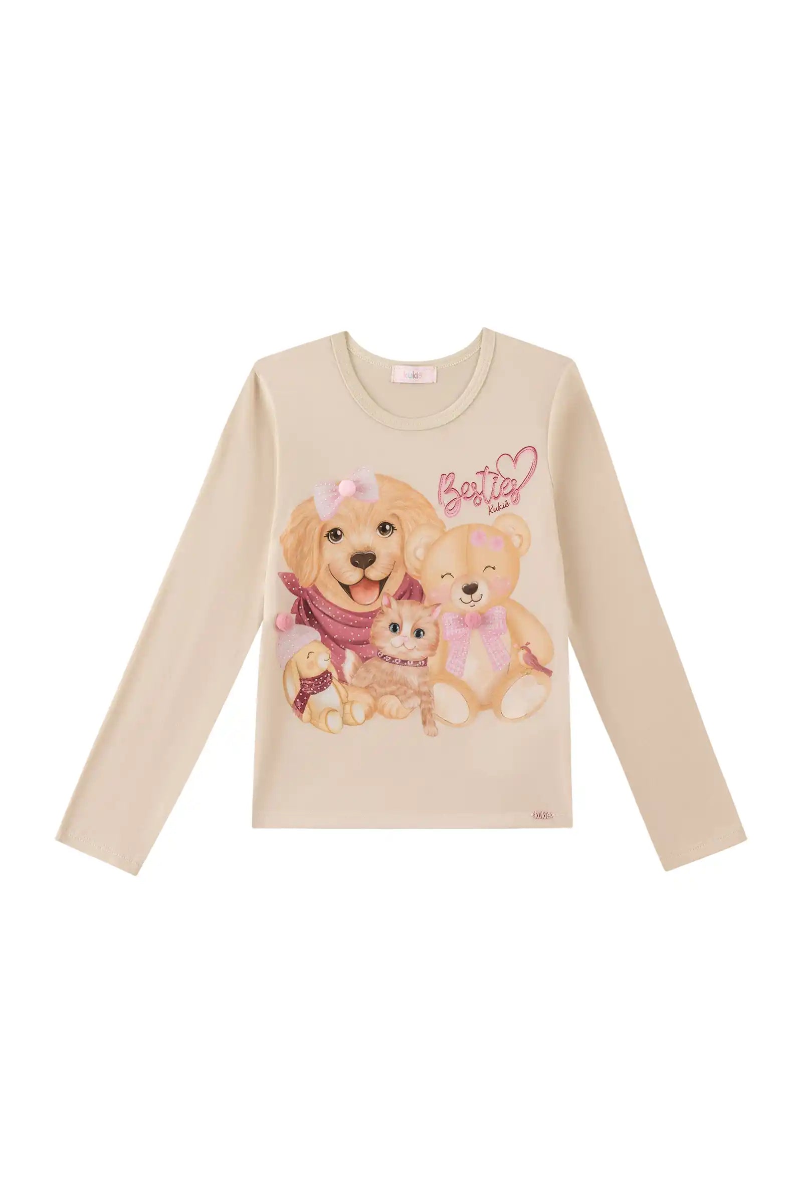 Blusa Infantil Kukiê Inverno Manga Longa Bege Animais Melhores Amigos