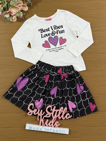 Conjunto Infantil Momi Inverno com Saia Preta e Blusa Branca Corações com Strass