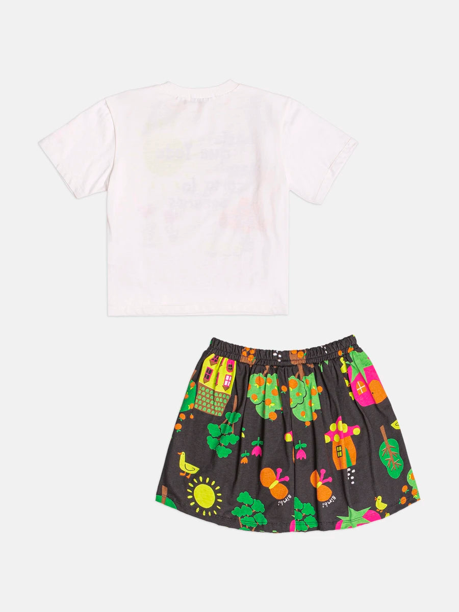 Conjunto Infantil Bimbi Inverno com Saia Preta e Blusa Manga Curta Cogumelo Feliz