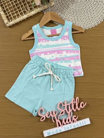 Conjunto Infantil Cinti Verão com Shorts Azul e Blusa Listrada Corações
