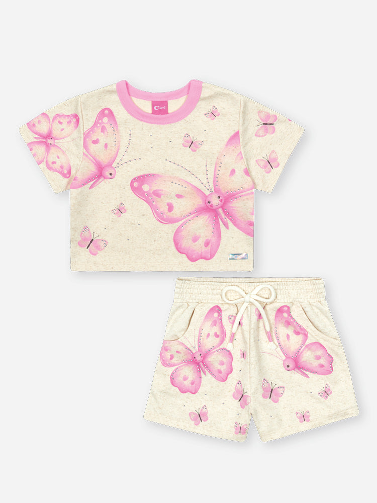 Conjunto Infantil Cinti Verão com Shorts e Blusa Off White Borboletas