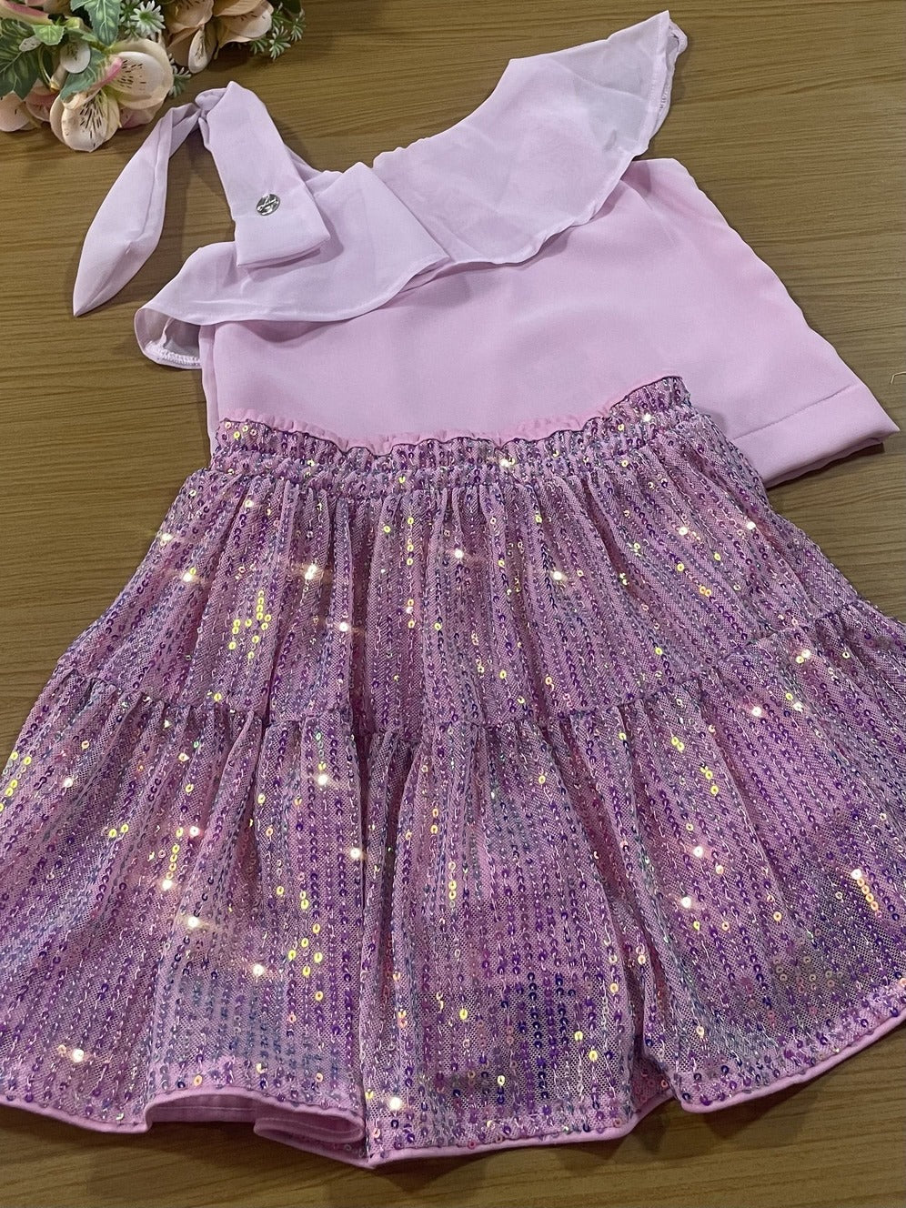 Conjunto Infantil Animê Verão Saia Paetê e Blusa Rosa