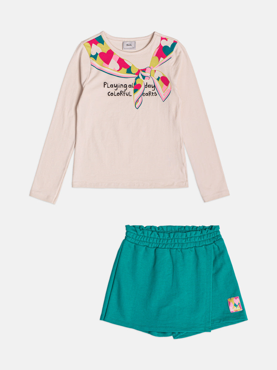 Conjunto Infantil Bimbi Inverno com Shorts Saia Verde e Blusa Manga Longa Lacinho Colorido