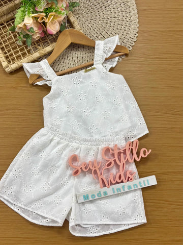 Conjunto Infantil Menina Bimbi Shorts e Blusa Branca em Laise