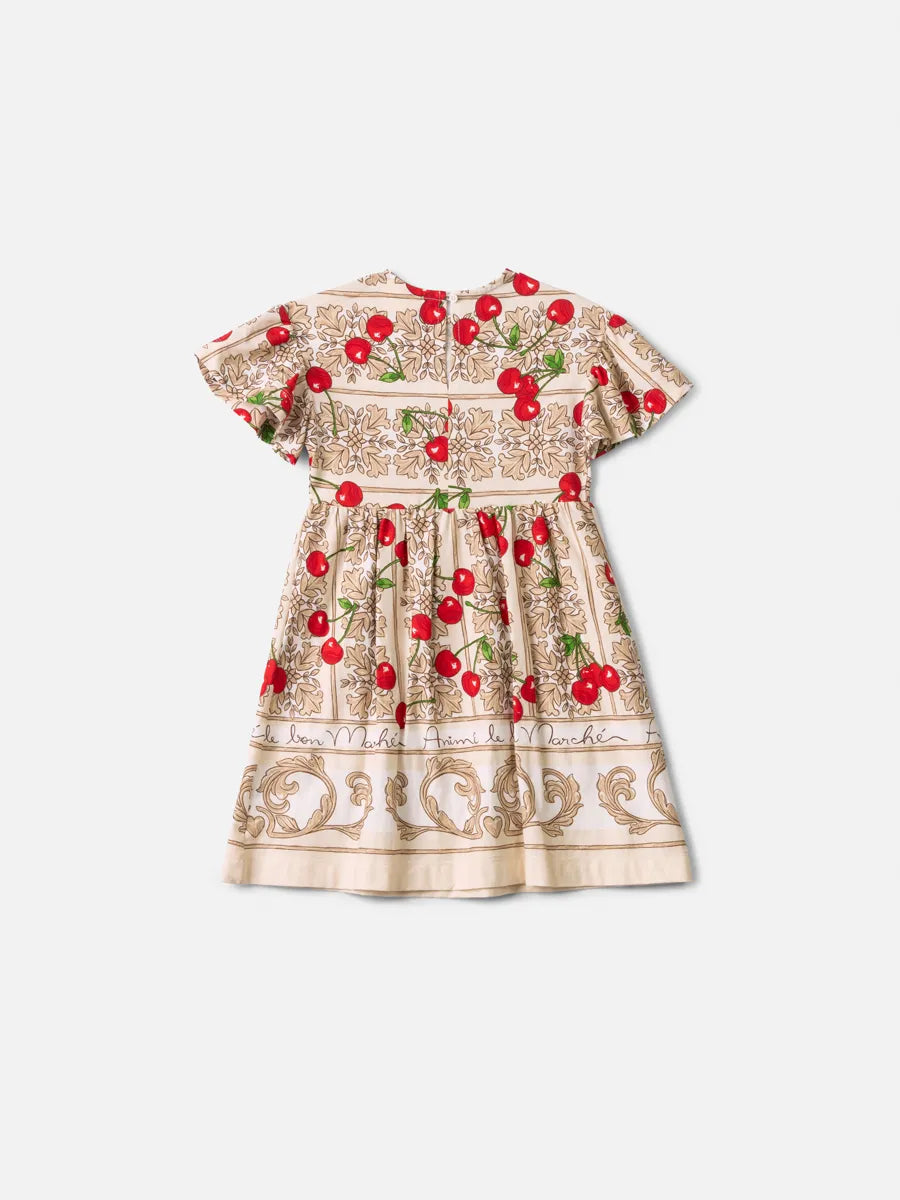 Vestido Infantil Animê Bege Cerejinhas