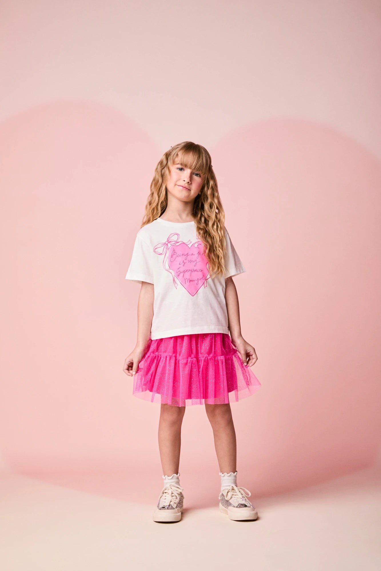 Conjunto Infantil Momi Inverno com Saia Rosa em Tule e Blusa Manga Curta Coração