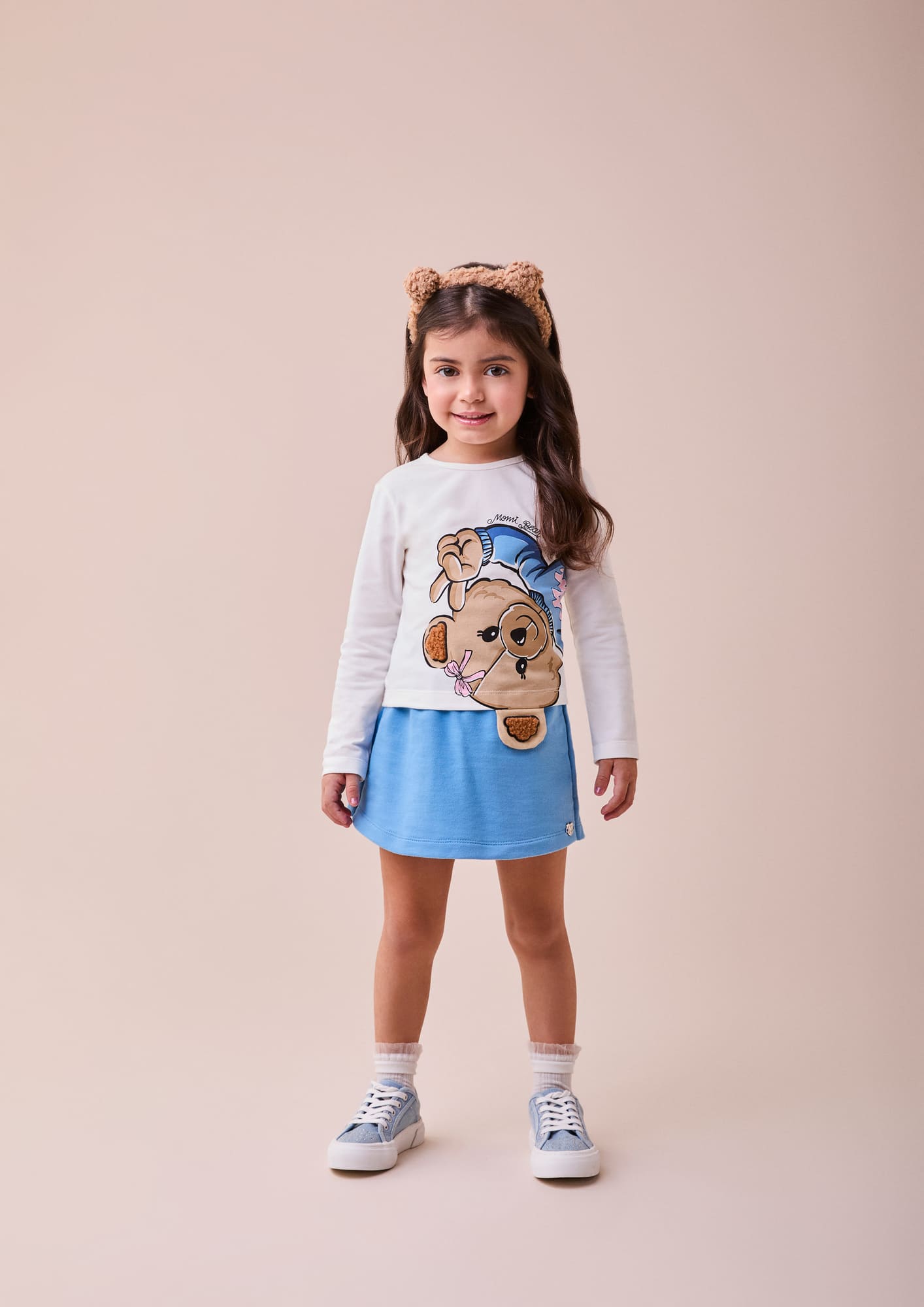 Conjunto Infantil Momi Inverno com Short-Saia Azul e Blusa Manga Longa Ursinha