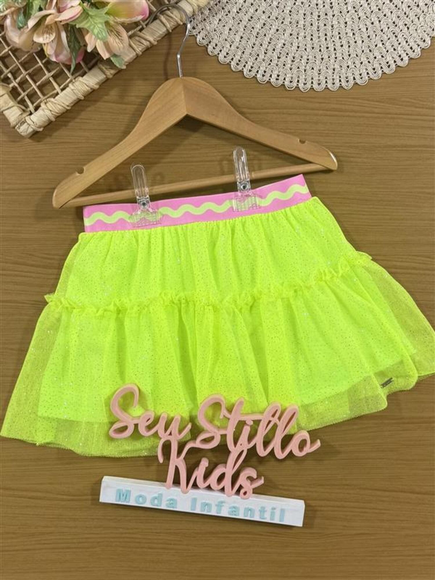 Saia Infantil Cinti Verão Tule Verde Neon com Glitter