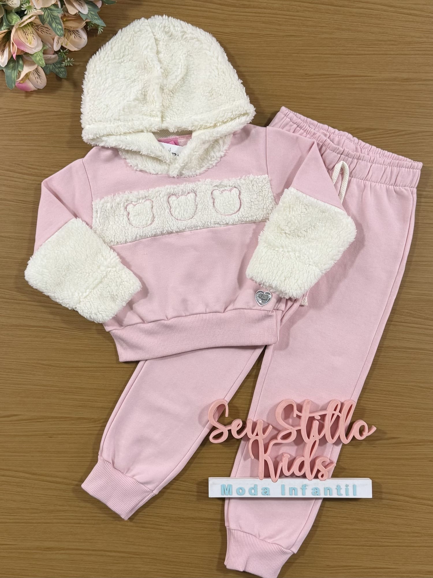 Conjunto Infantil Cinti Inverno Calça e Blusa Rosa Ursinho Teddy