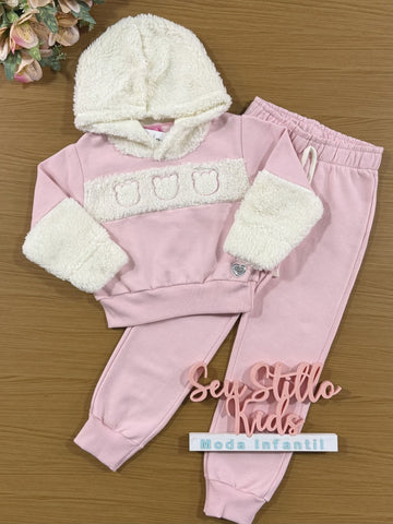Conjunto Infantil Cinti Inverno Calça e Blusa Rosa Ursinho Teddy