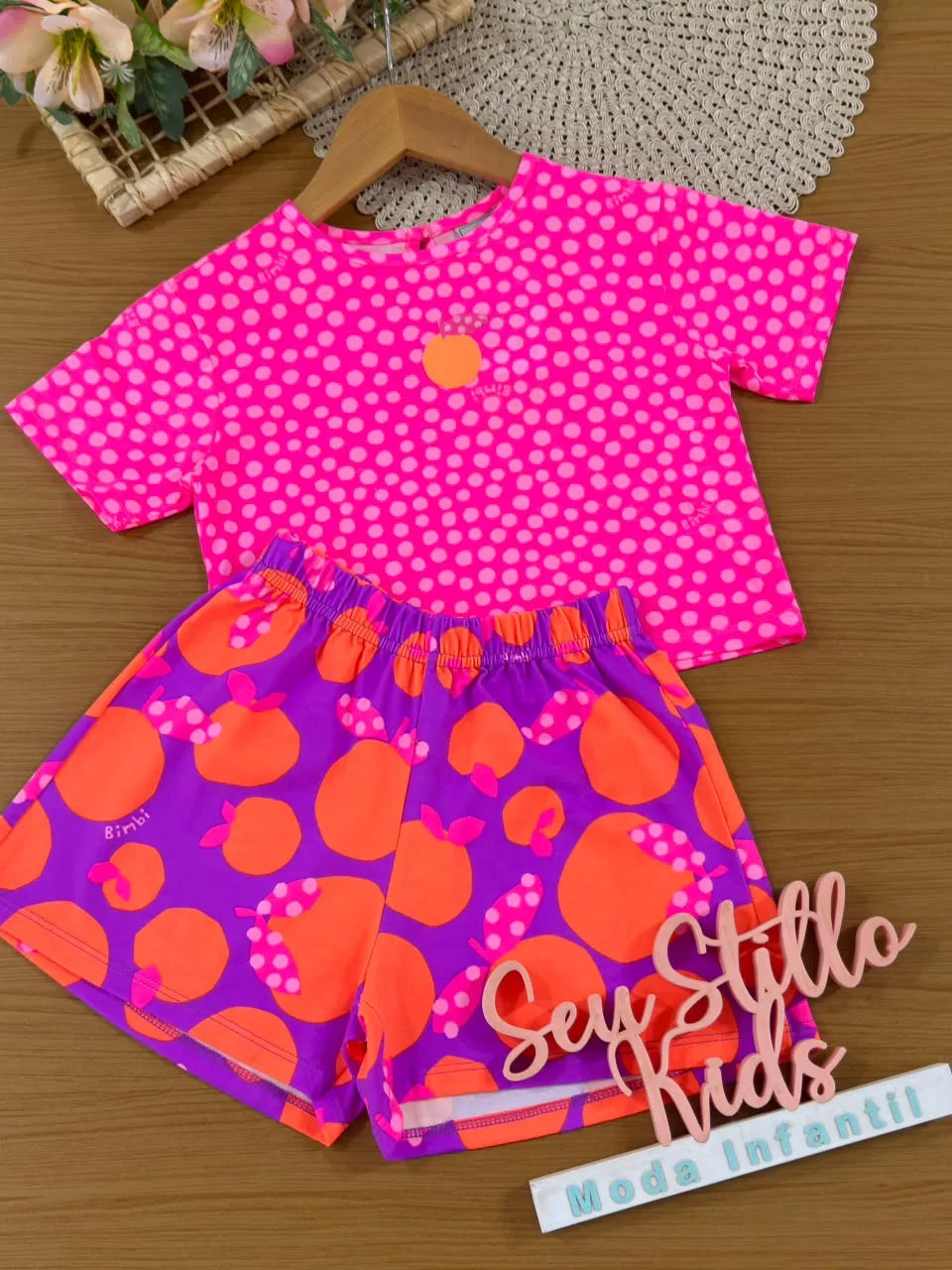 Conjunto Infantil Menina Bimbi Shorts Roxo e Blusa Rosa Poá