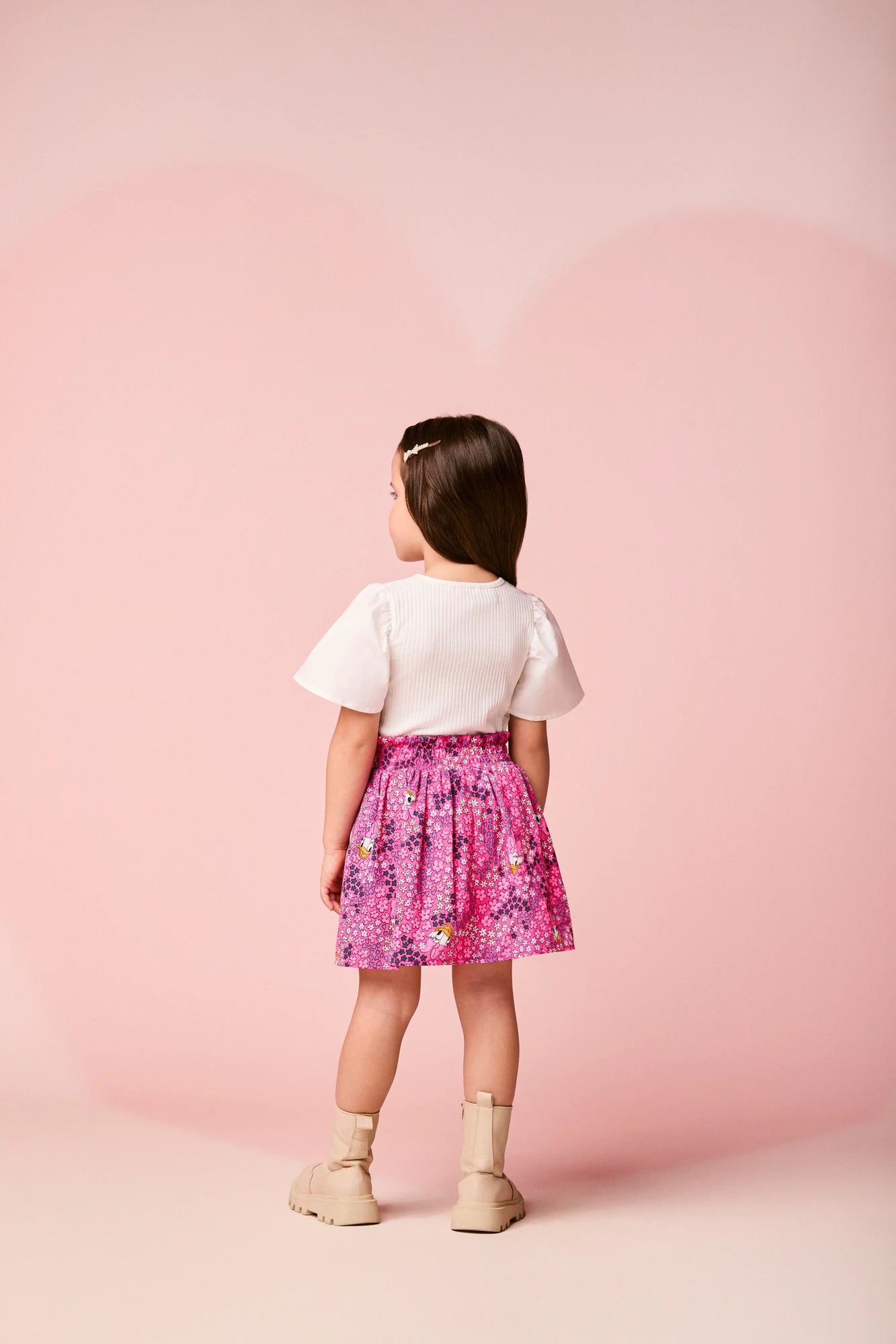 Conjunto Infantil Momi Inverno com Saia Rosa Floral e Blusa Manga Curta Margarida Disney