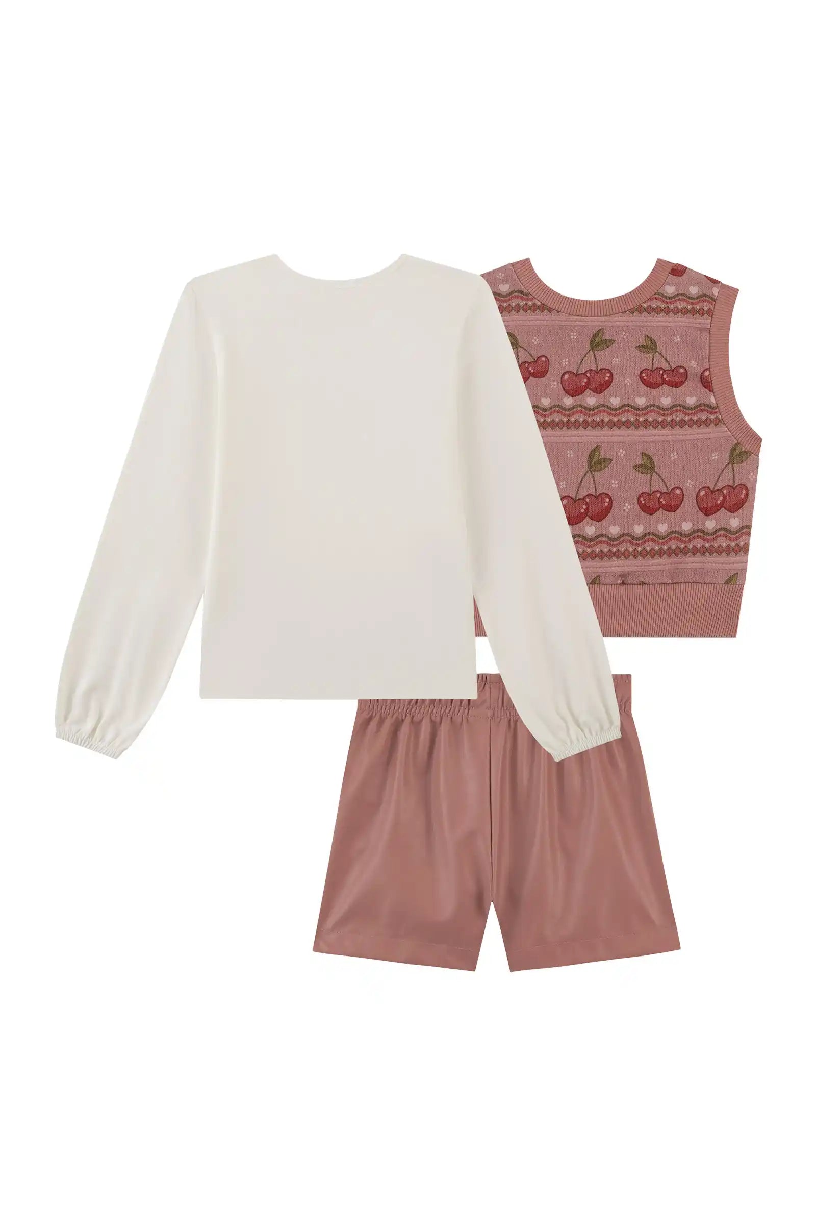 Conjunto Infantil Kukiê Inverno com Shorts Rosa, Blusa Manga Longa e Colete Cerejinha