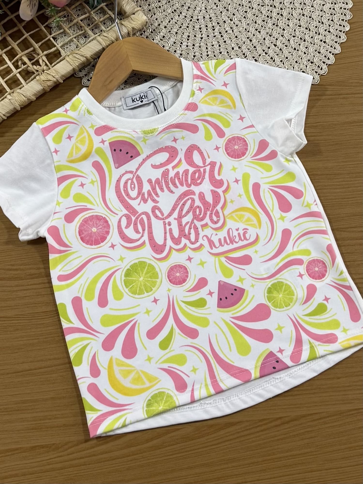 Conjunto Infantil Kukiê com Shorts Ciclista Rosa e Blusa Manga Curta Frutinhas
