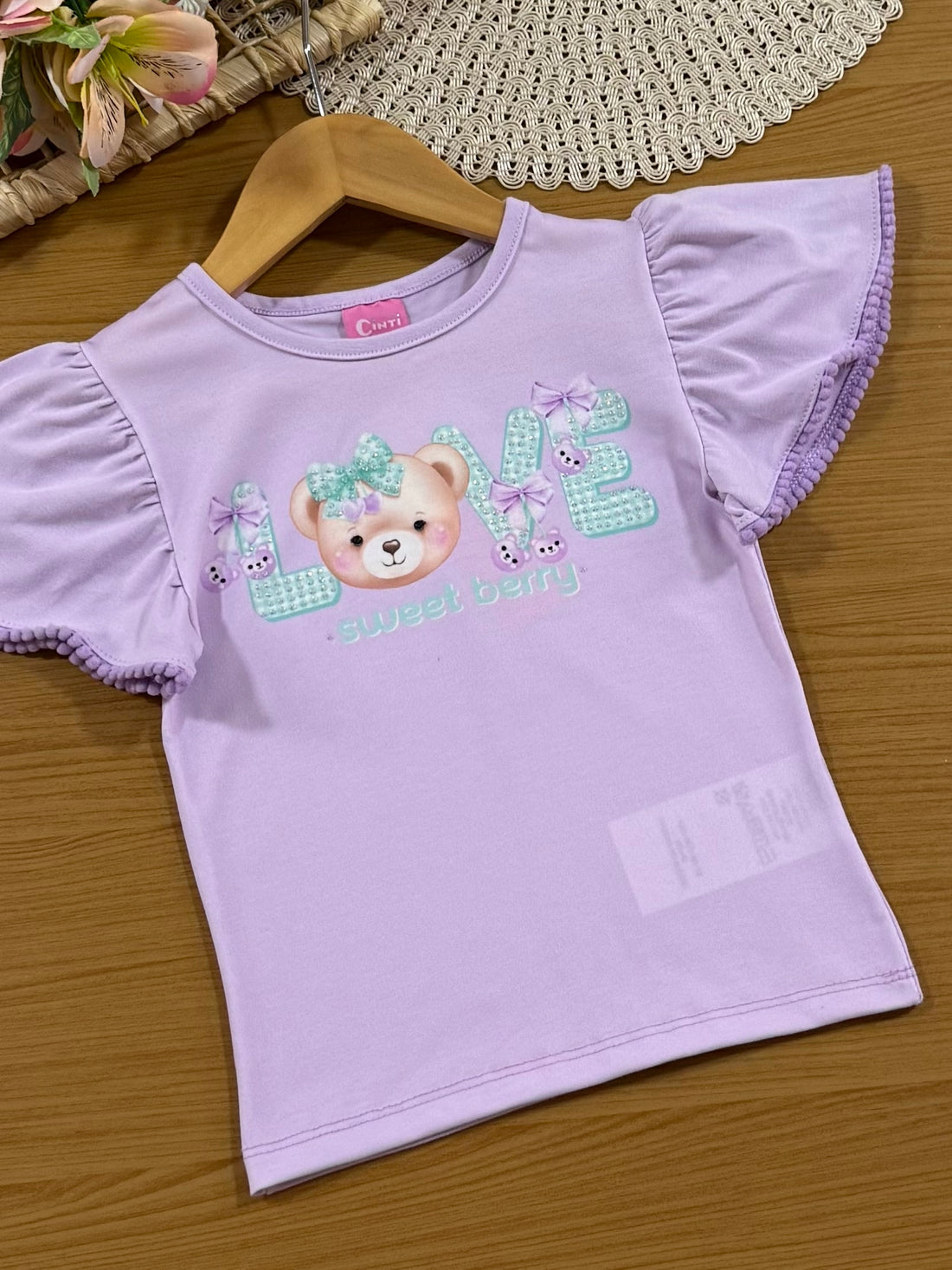Conjunto Infantil Cinti Verão com Shorts e Blusa Lilás Ursinha Love com Strass