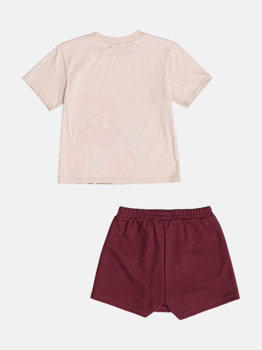 Conjunto Infantil Bimbi Inverno com Shorts Saia e Blusa Manga Curta Bege Floral