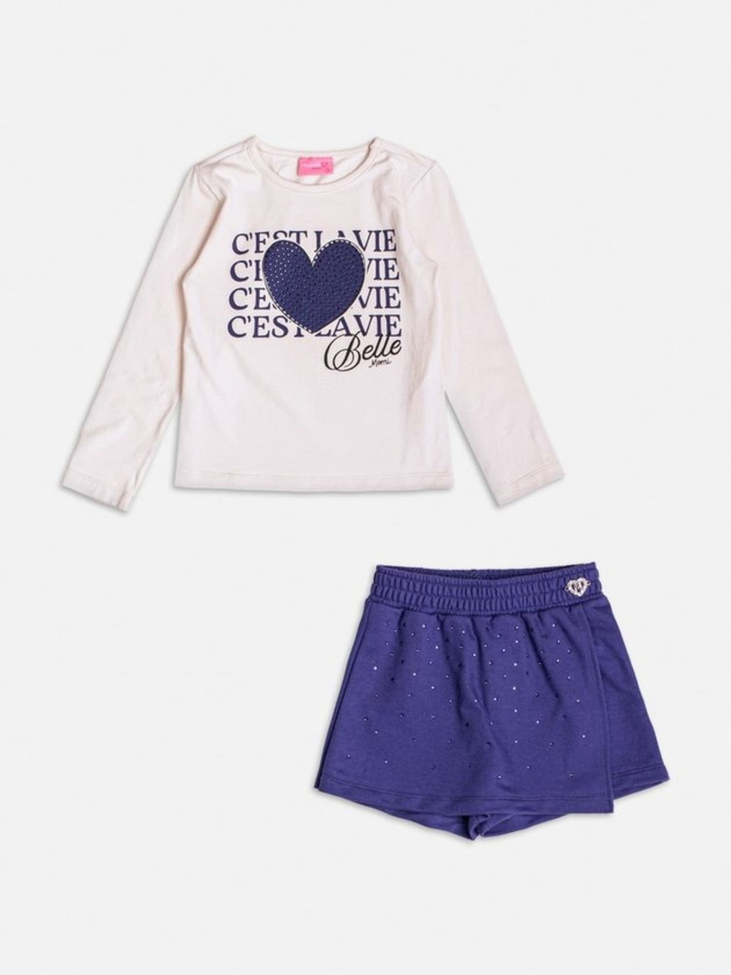 Conjunto Infantil Momi Inverno com Shorts Saia Azul e Blusa Coração com Strass