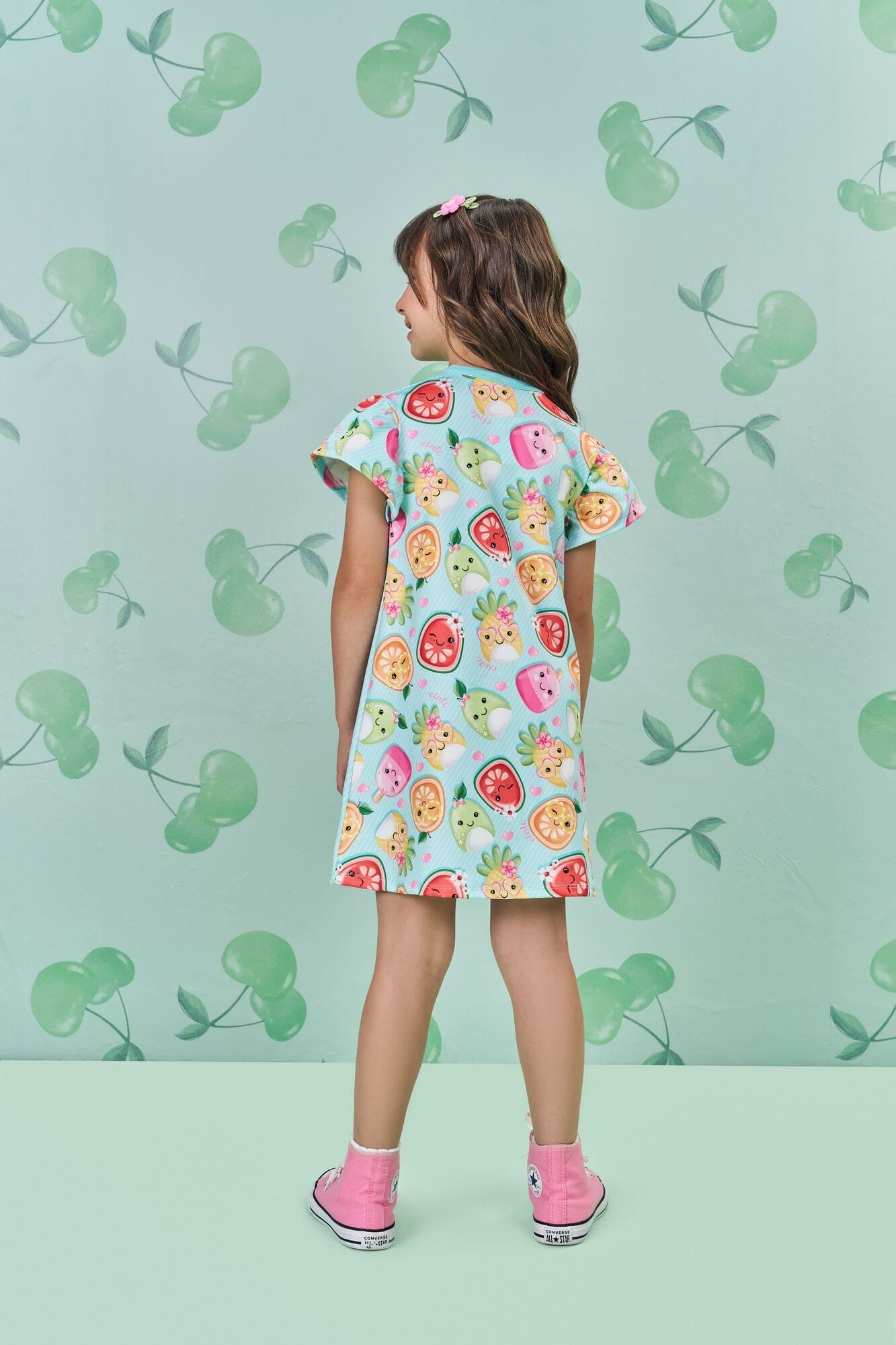 Vestido Infantil Cinti Verão Azul Frutinhas com Strass