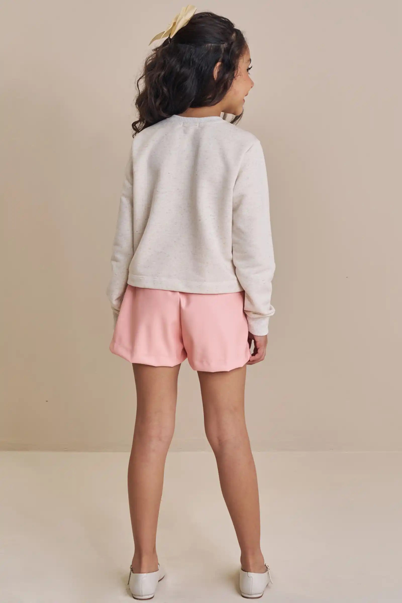 Conjunto Infantil Kukiê Inverno com Shorts Rosa e Moletom sem Flanela Gatinha com Strass