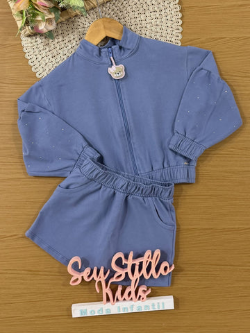 Conjunto Infantil Cinti Inverno com Shorts-Saia e Jaqueta Azul Ursinha Brilhos