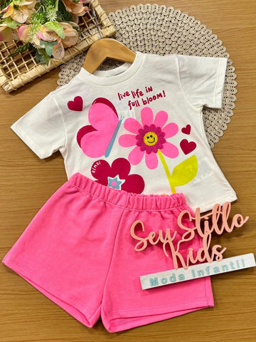 Conjunto Infantil Menina Bimbi com Shorts Rosa e Blusa Branca Jardim