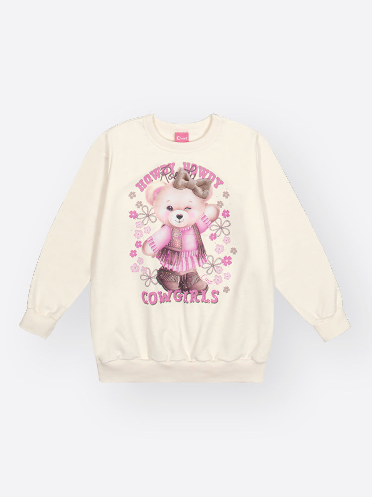 Conjunto Infantil Cinti Inverno com Calça Legging Bege e Moletom Flanelado Ursinha Lacinho