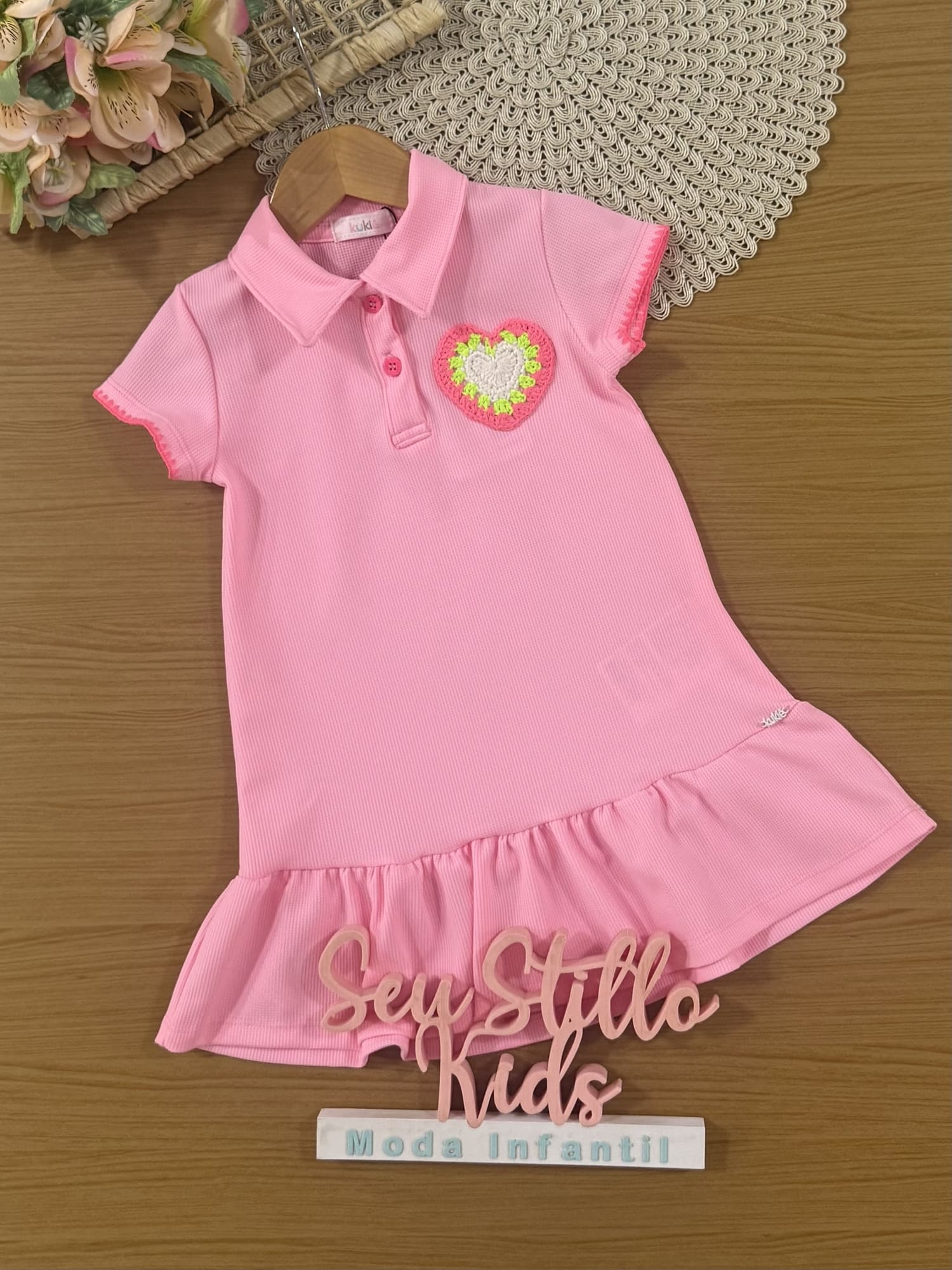 Vestido Infantil Kukiê Verão Rosa Coração Tricô