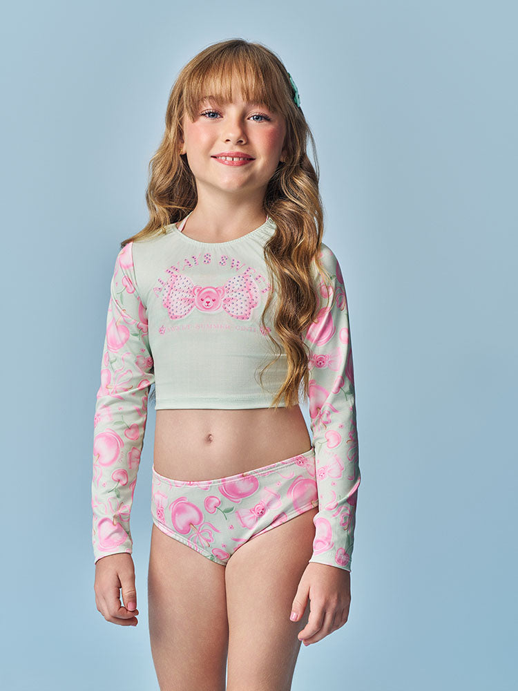 Biquíni Infantil Cinti Verão com Blusa Manga Longa Verde Docinhos