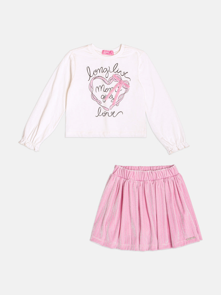 Conjunto Infantil Momi Inverno com Saia Rosa e Blusa Manga Longa Love