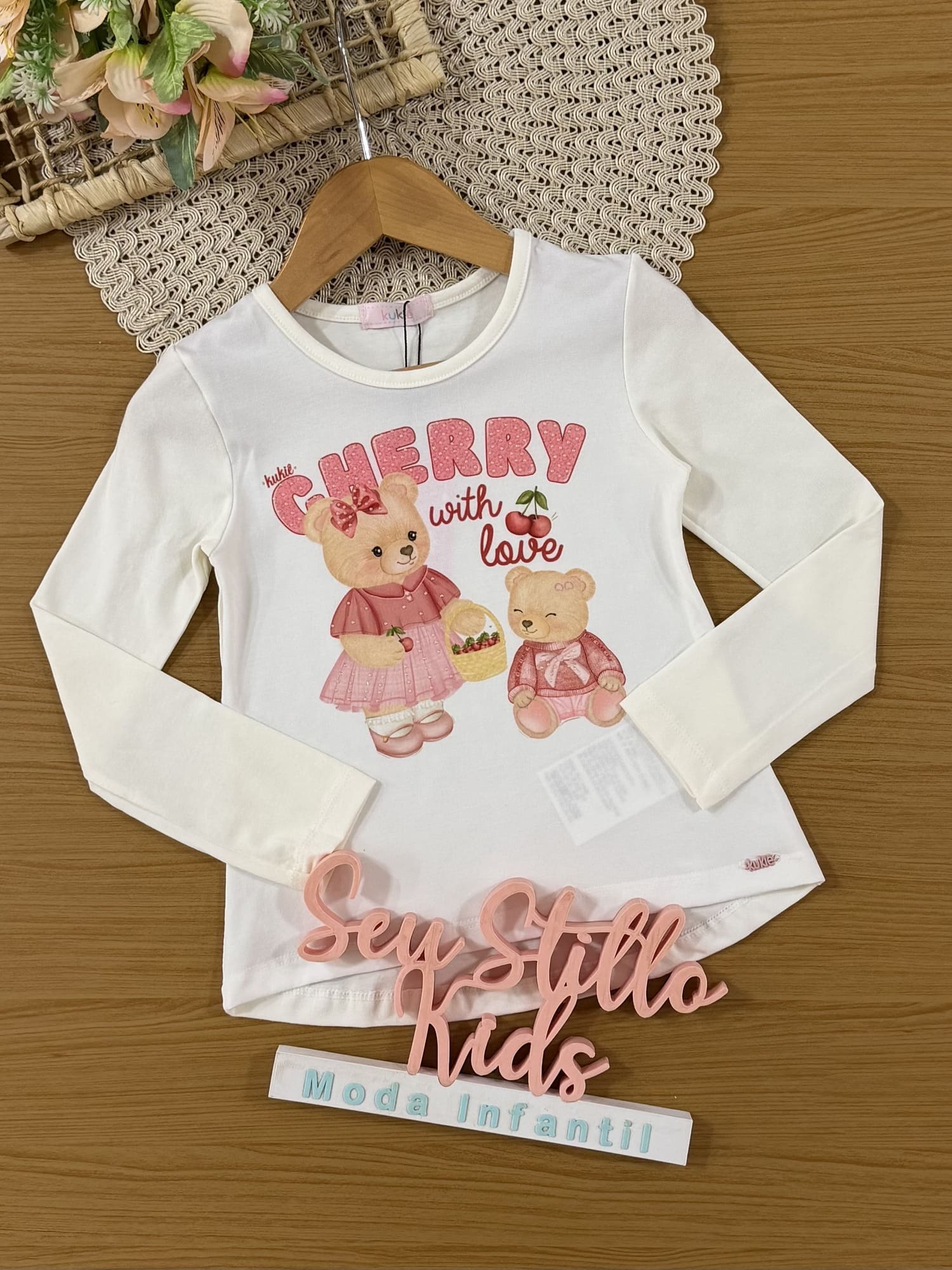 Blusa Infantil Kukiê Inverno Manga Longa Branca Ursinhos Cerejinha