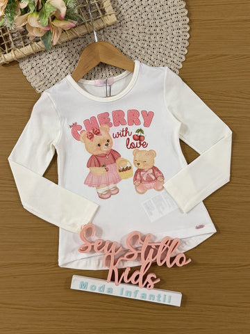 Blusa Infantil Kukiê Inverno Manga Longa Branca Ursinhos Cerejinha