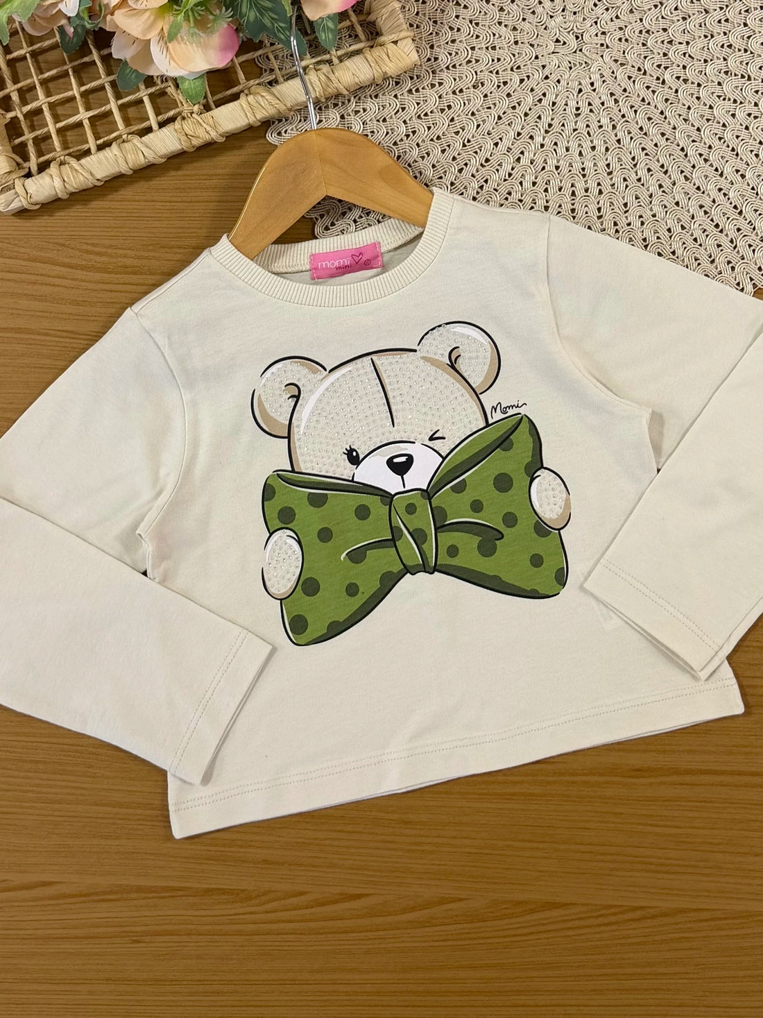 Conjunto Infantil Momi Inverno com Saia em Tule Verde e Blusa Manga Longa Ursinho Laço
