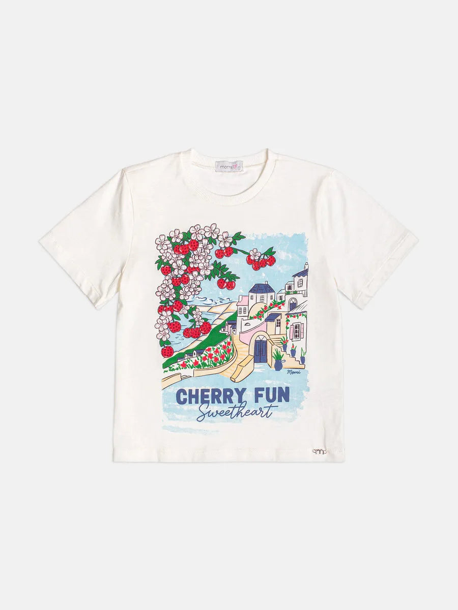 Blusa Infantil Menina Momi Branca Cherry Fun com Strass