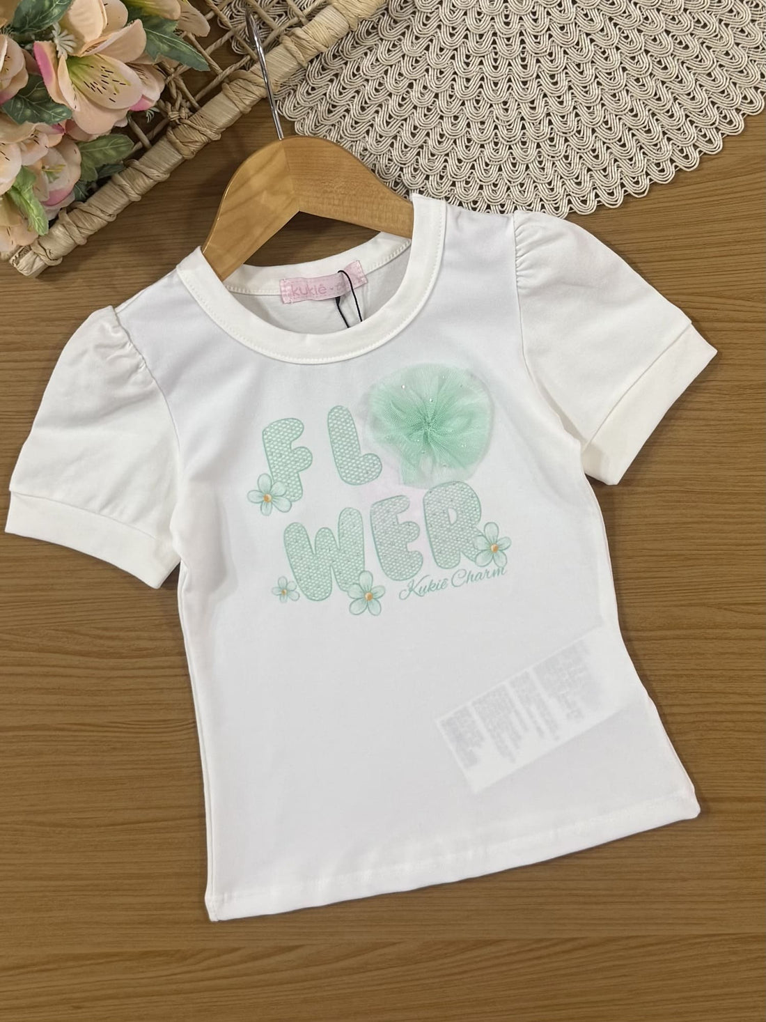 Conjunto Infantil Kukiê Verão com Shorts Saia Verde e Blusa Branca Flower