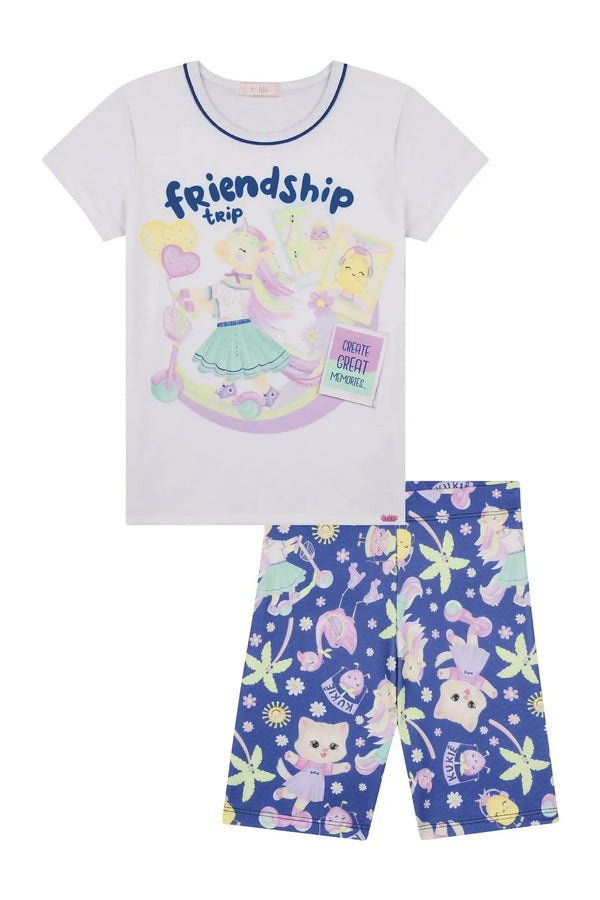 Conjunto Infantil Kukiê Verão com Shorts Ciclista Azul e Blusa Branca Friends Ship