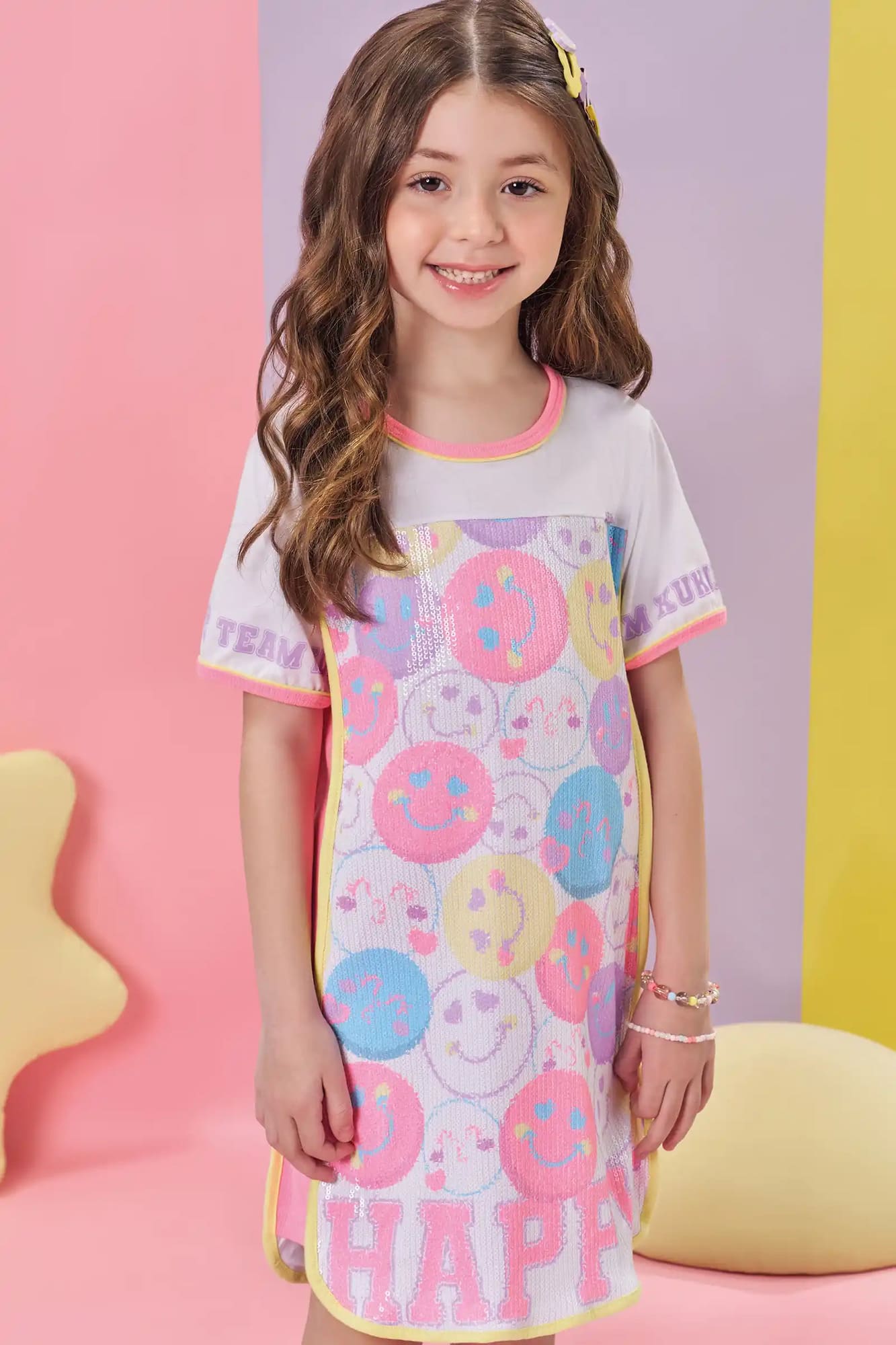 Vestido Infantil Kukiê Verão Branco Emojis em Paetê