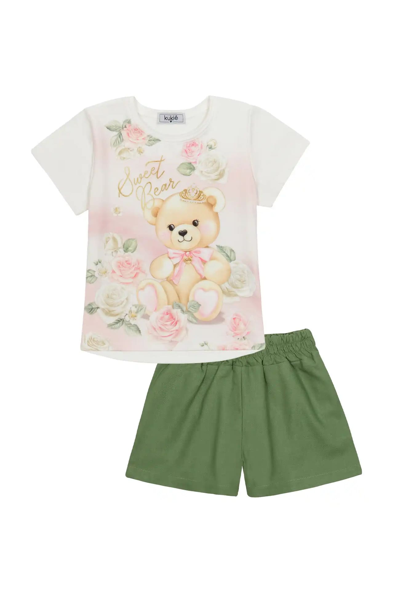 Conjunto Infantil Kukiê com Shorts Verde e Blusa Manga Curta Ursinho