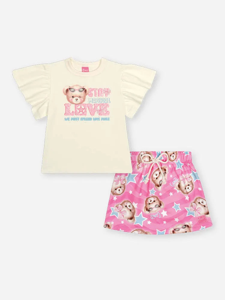 Conjunto Infantil Cinti Inverno Com Shorts Saia e Blusa Manga Curta Ursinha Love