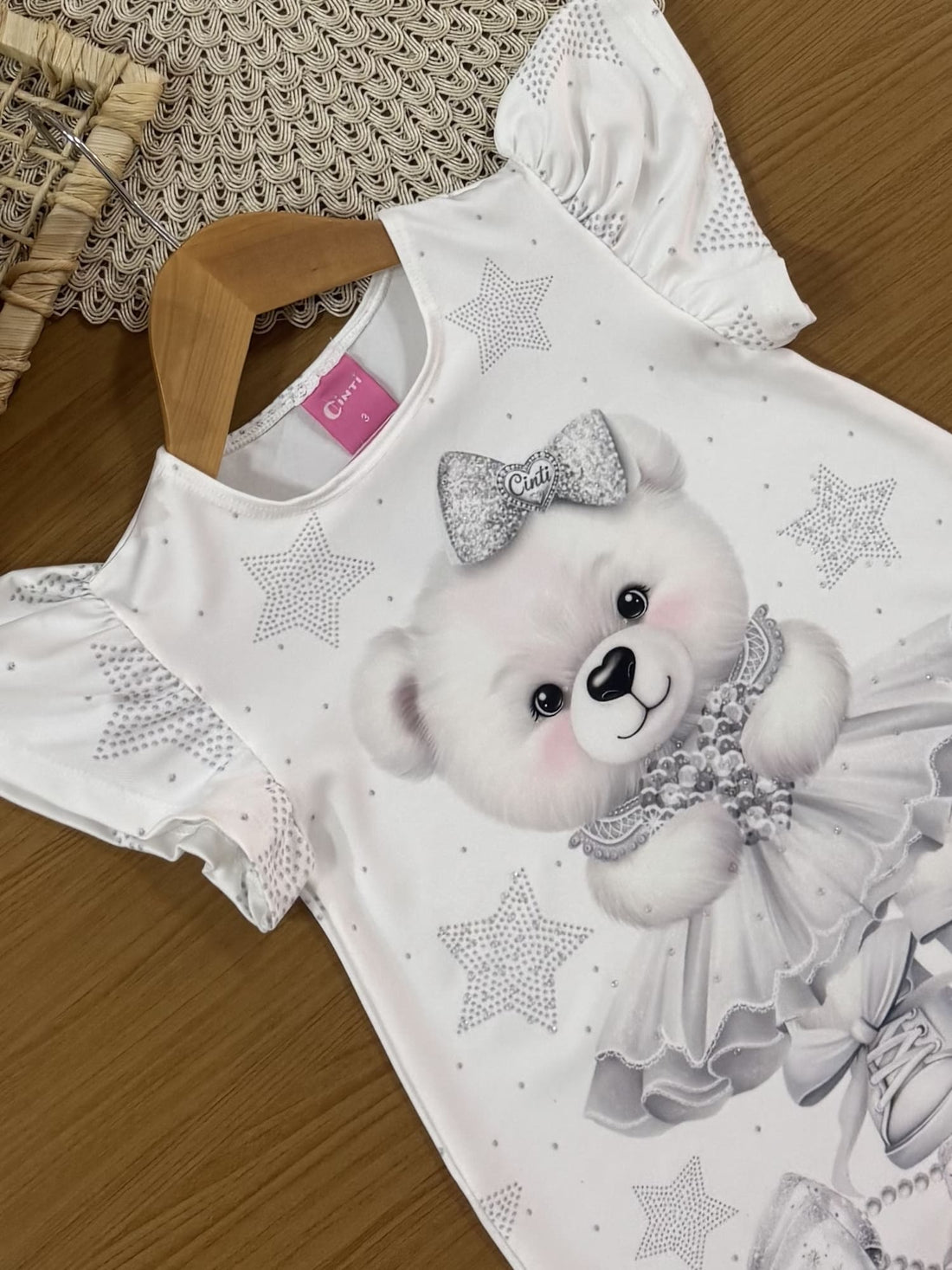 Vestido Infantil Cinti Verão Branco Ursinha Estrelinha
