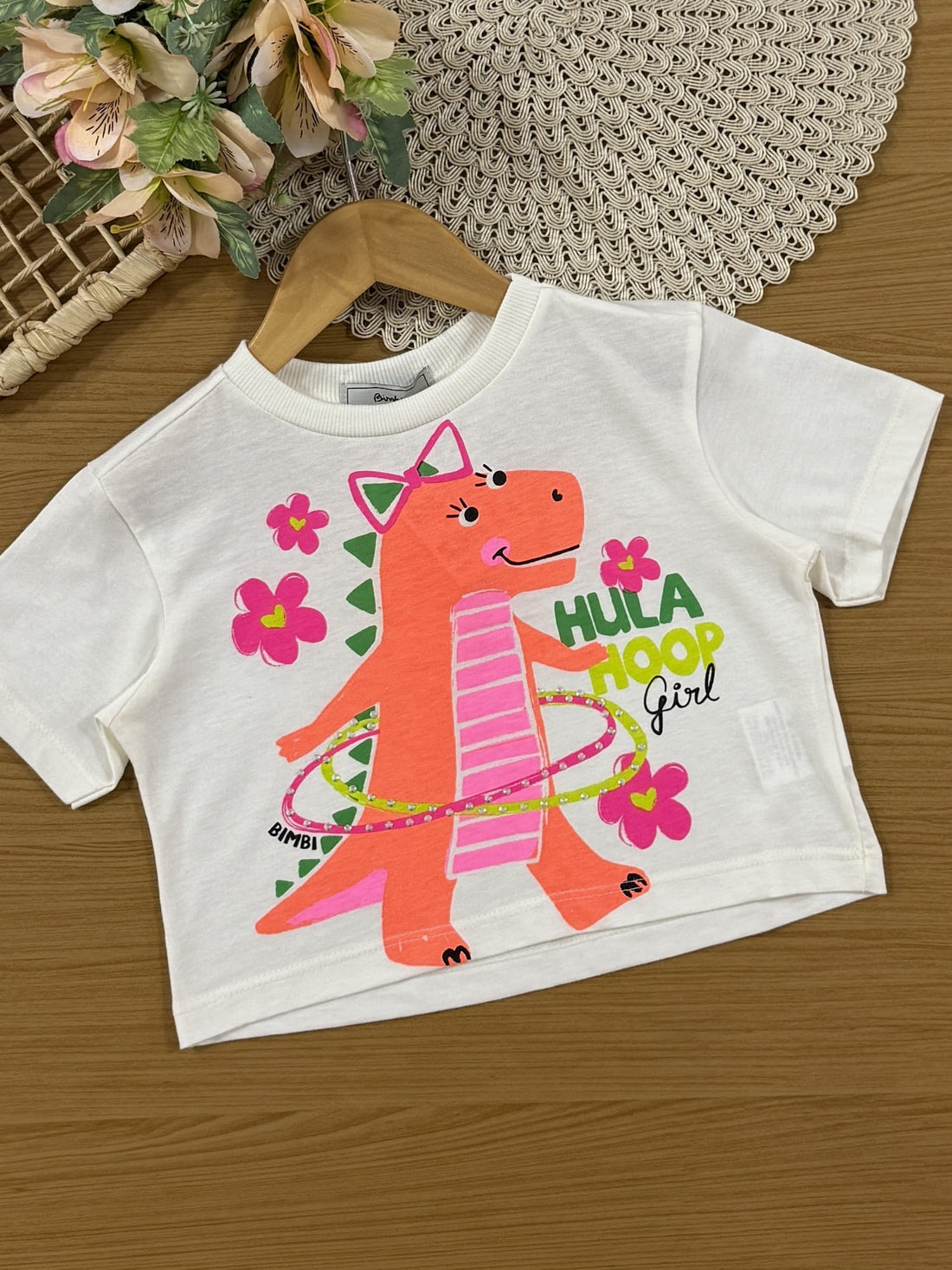 Conjunto Infantil Bimbi Verão com Shorts Saia Verde e Blusa Branca Dino