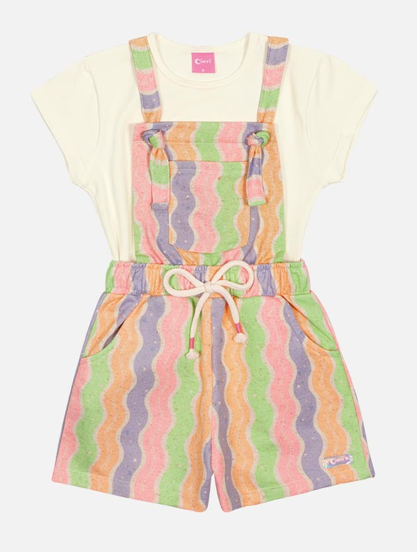 Jardineira Infantil Cinti Verão Colorida e Blusa Rosa
