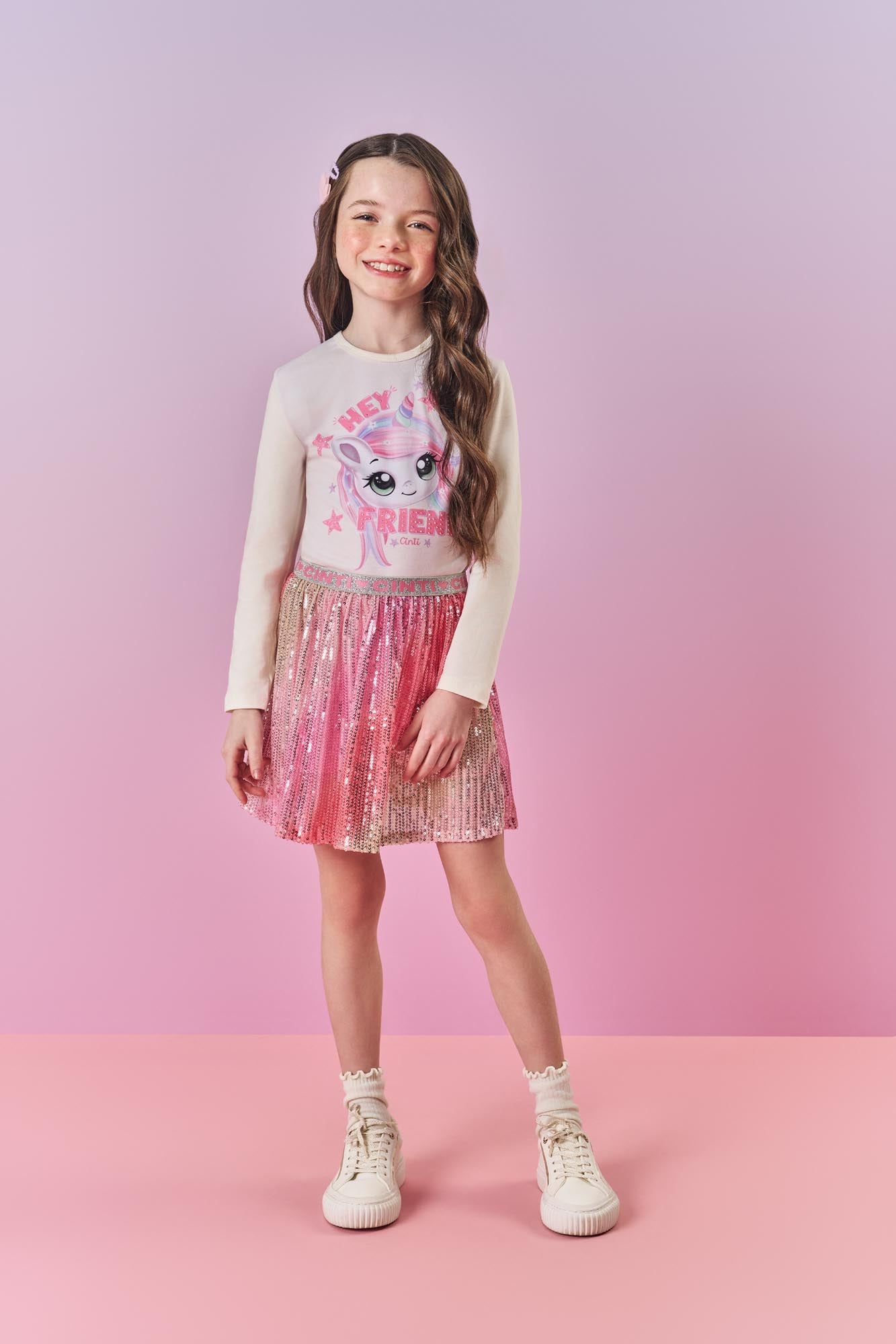 Conjunto Infantil Cinti Inverno com Short Saia Paetê e Blusa Branca Unicórnio