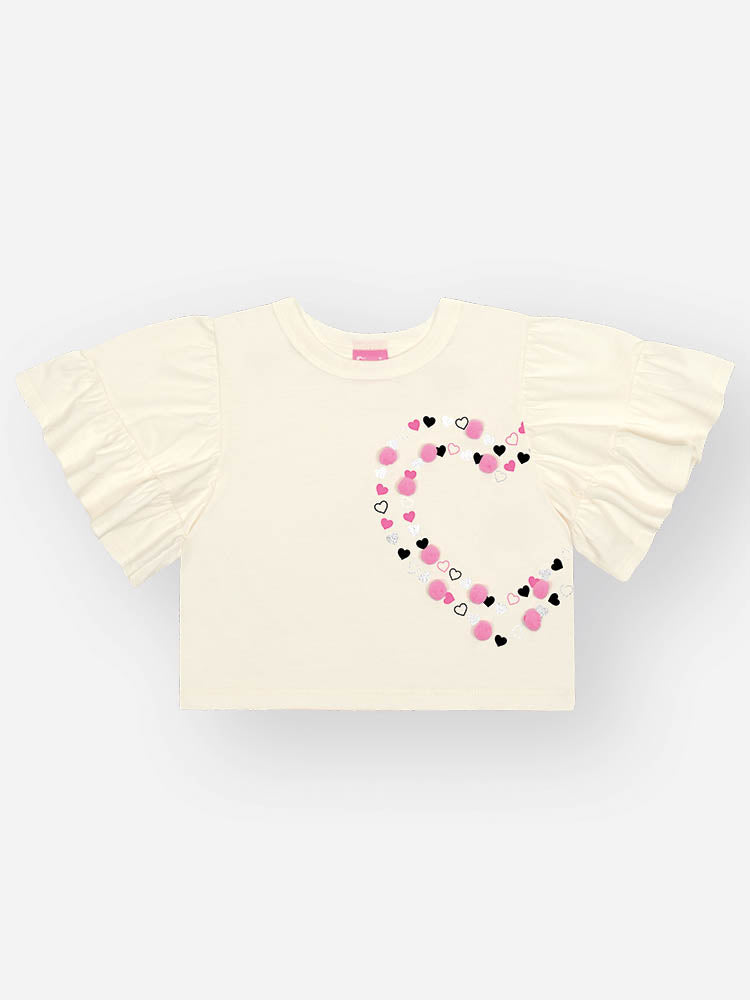 Conjunto Infantil Cinti Verão com Shorts Saia Preto e Blusa Branca Coração Pompon