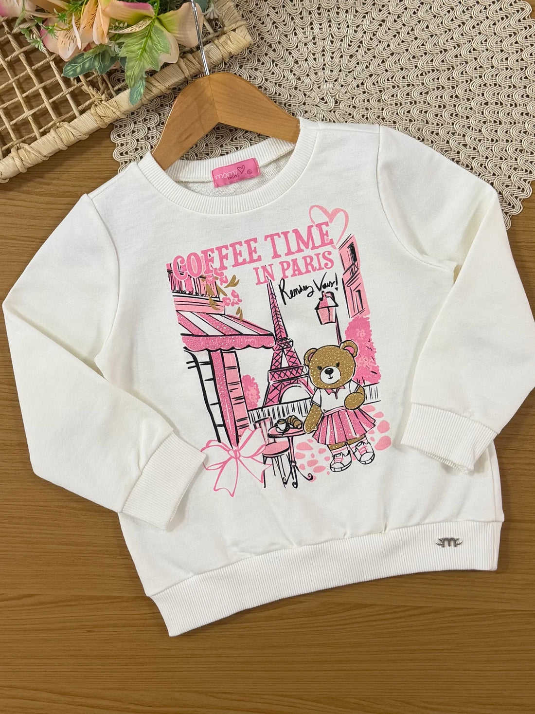 Conjunto Infantil Momi Inverno com Calça Legging Rosa e Moletom sem Flanela Ursinha em Paris