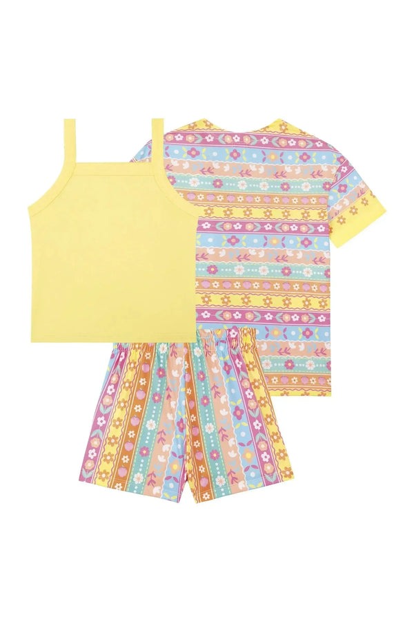 Conjunto Infantil Kukiê Verão com Shorts, Regata e Kimono Amarelo Floral