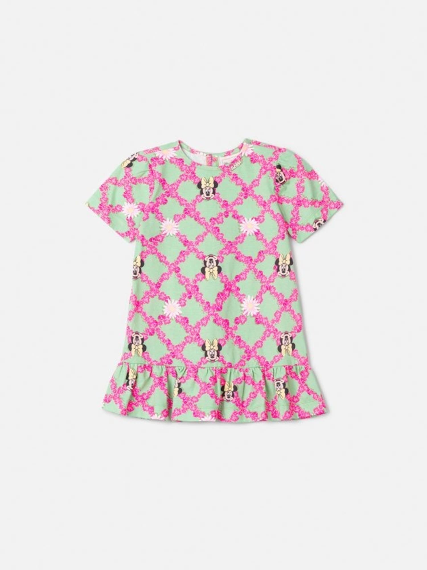Vestido Infantil Animê Verão Verde Minnie Floral Disney