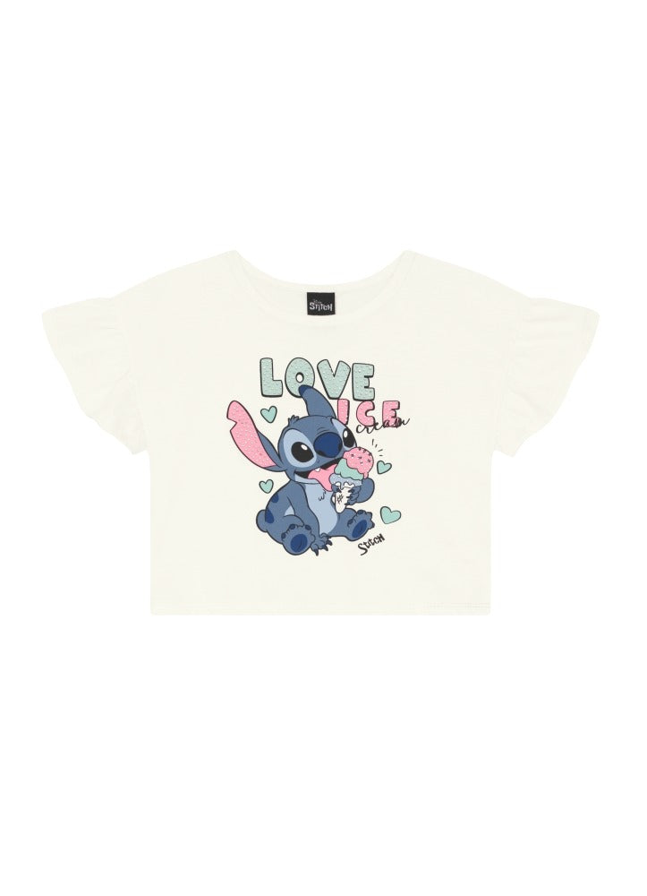 Conjunto Infantil Menina Brandili com Shorts Preto e Blusa Branca Stitch Love Ice Disney