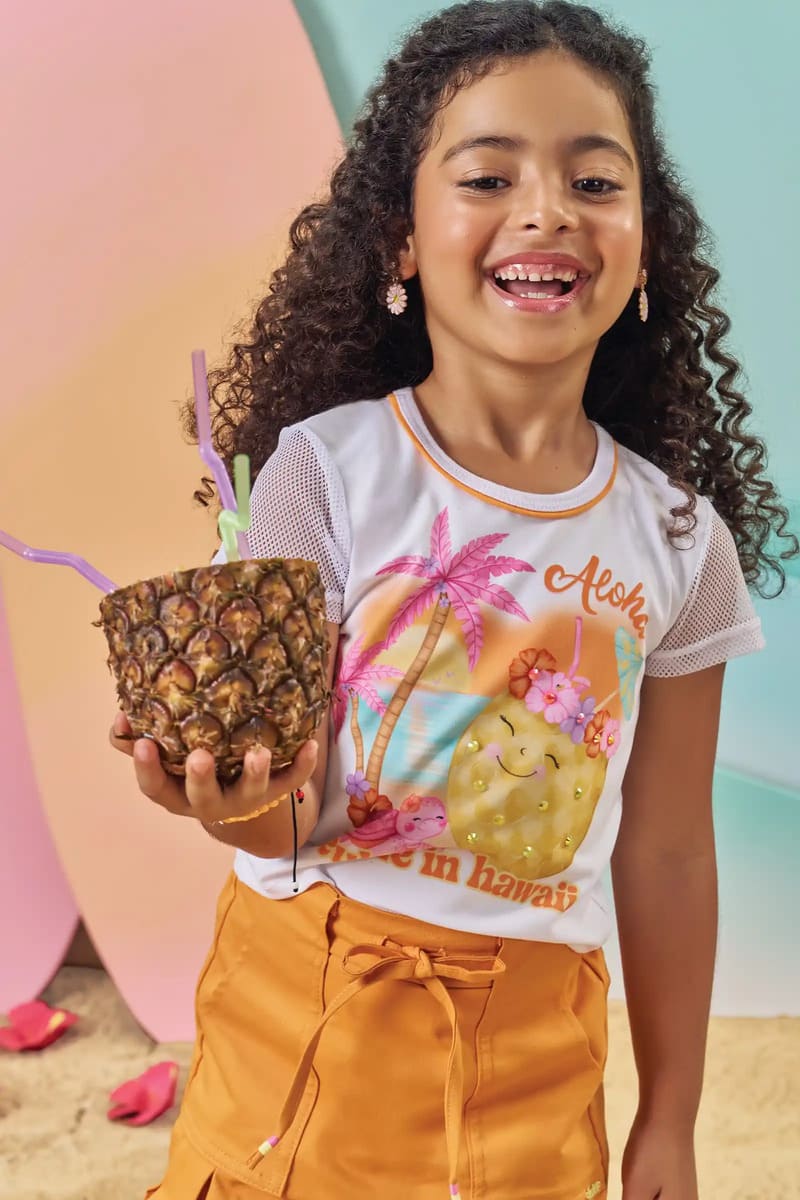 Conjunto Infantil Kukiê Verão com Shorts Saia Laranja e Blusa Branca Tropical