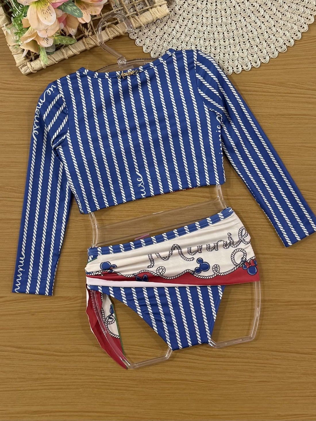 Biquíni Infantil Animê Verão com Blusa Manga Longa Azul Minnie Disney