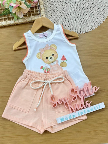 Conjunto Infantil Menina Kukiê com Shorts e Regata Branca Ursinha Melancia Strass